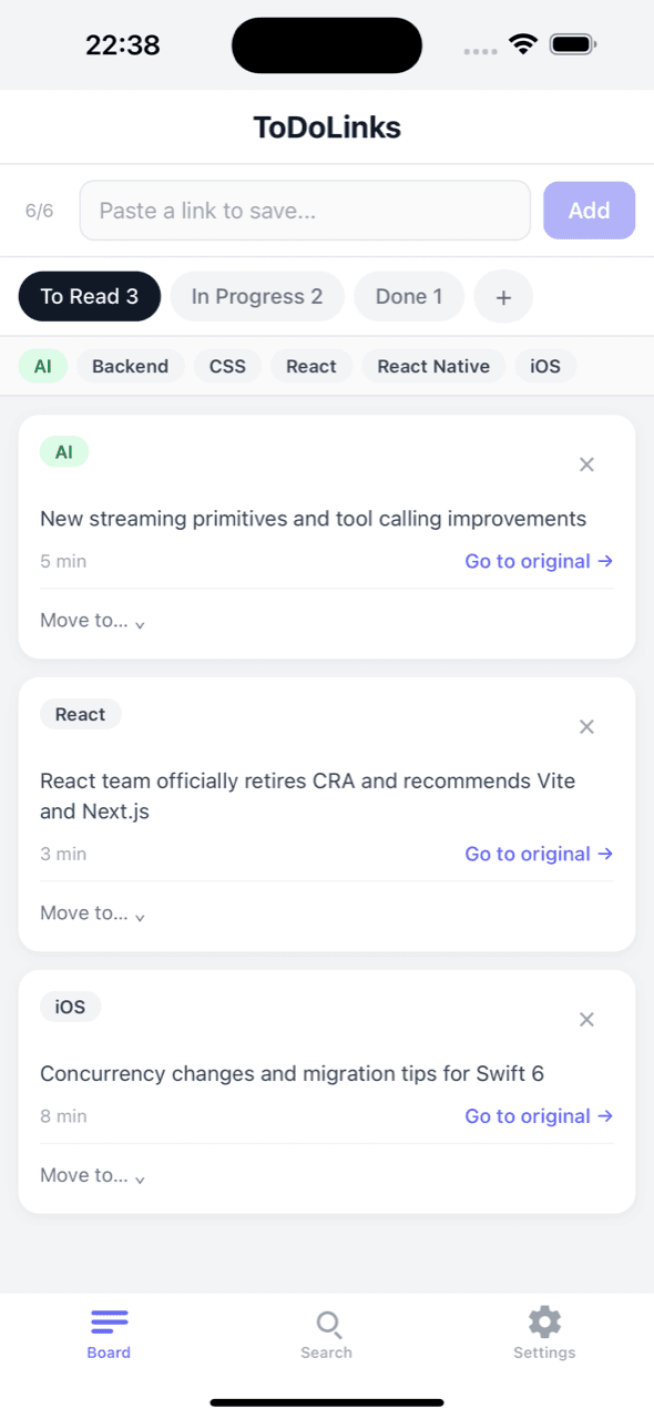 ToDoLinks reading board with saved articles, AI summaries and tags